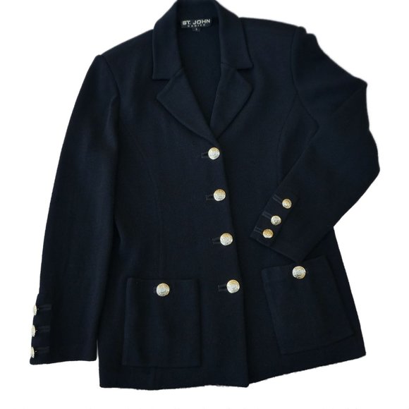 St. John Jackets & Blazers - St John Basics Blazer Jacket Black Santana Knit Logo Gold Buttons Pockets USA 6